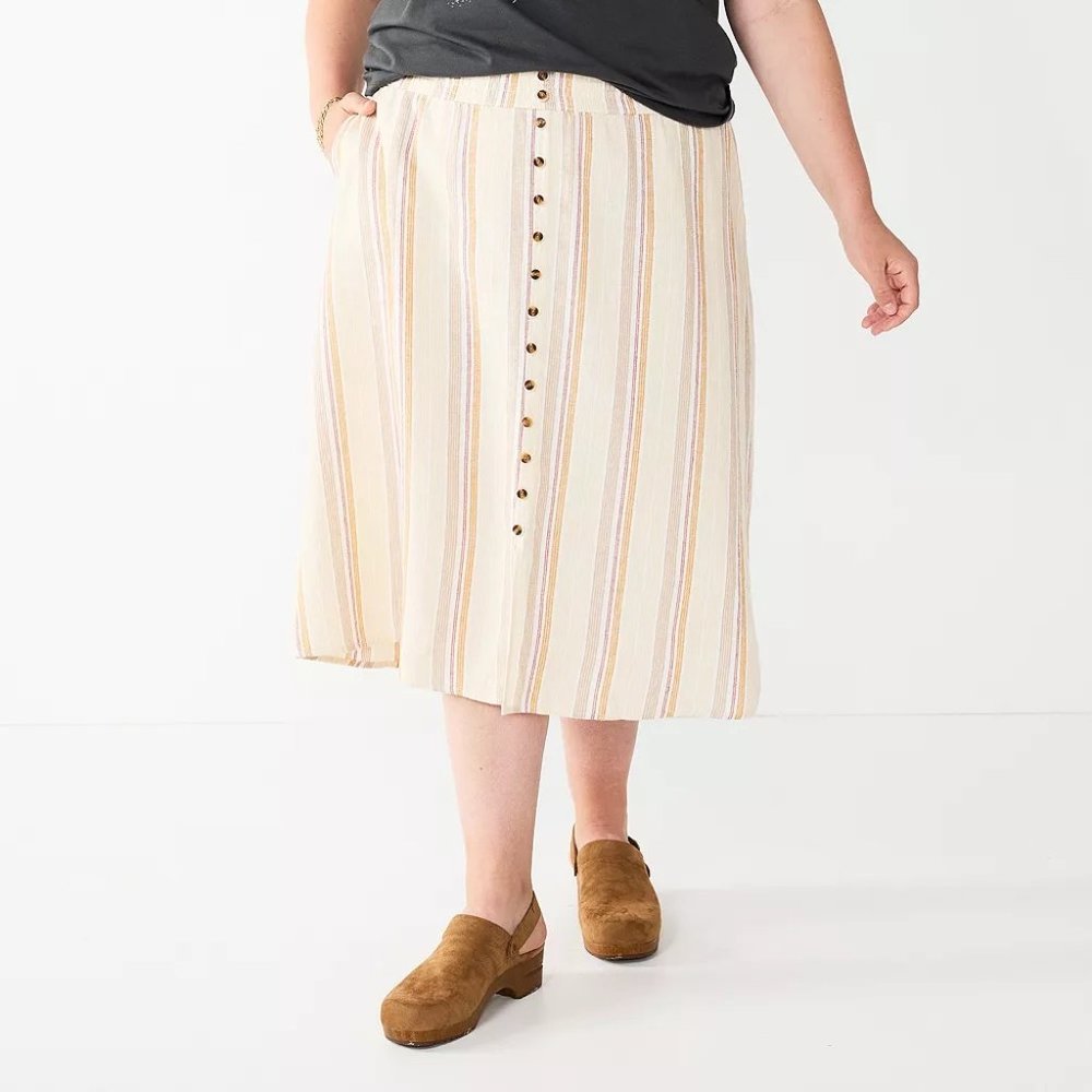 NWT Women’s Sonoma Goods Button Front Midi Skirt Pockets Linen Blend Size M